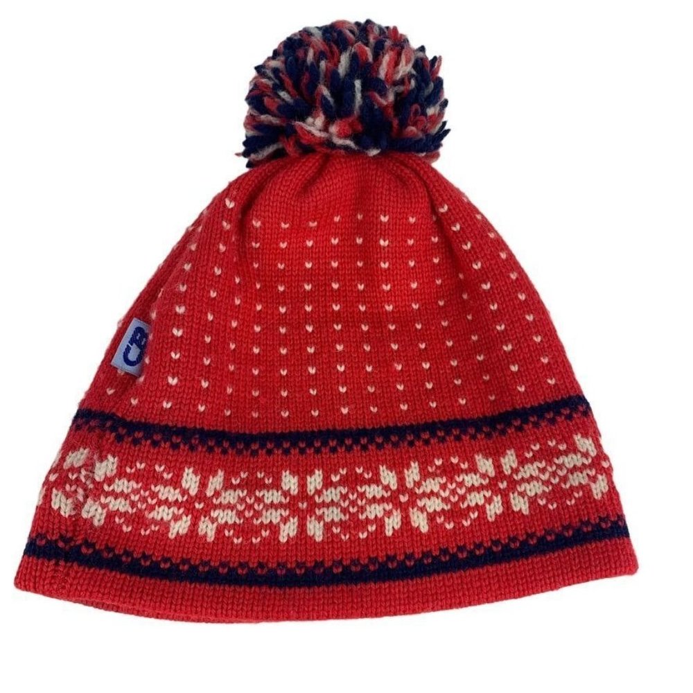 CB Vintage Fair Isle Ski Cap‎ Winter Hat Beanie Pom Pom Wool Red Navy White